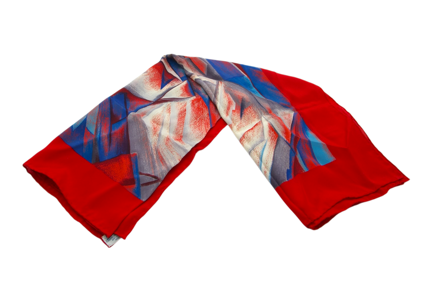 Hermès abstract print silk scarf in red, blue, and grey tones
