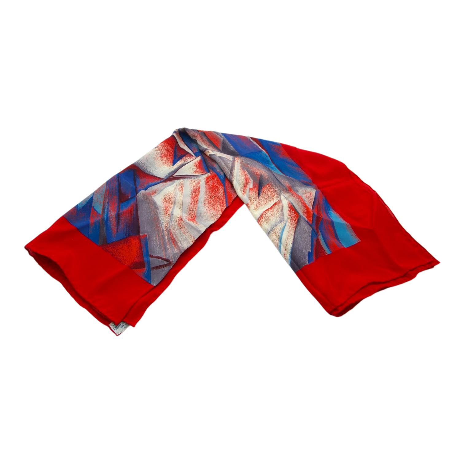 Hermès abstract print silk scarf in red, blue, and grey tones