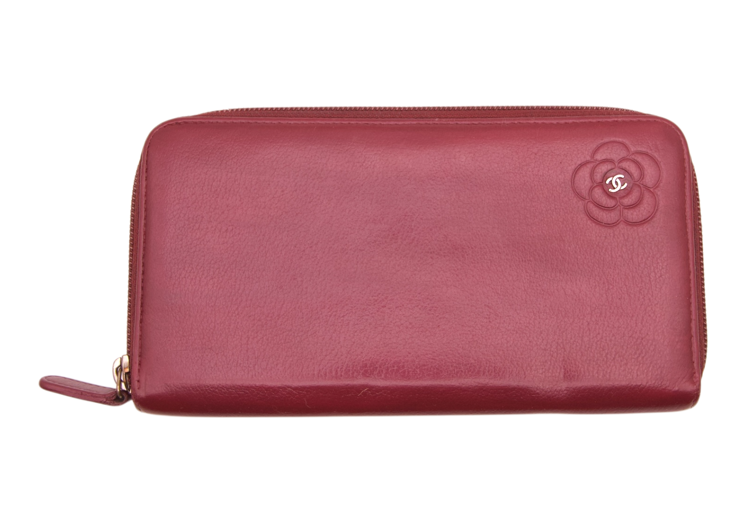 Chanel Burgundy Lambskin Camellia Zip Wallet