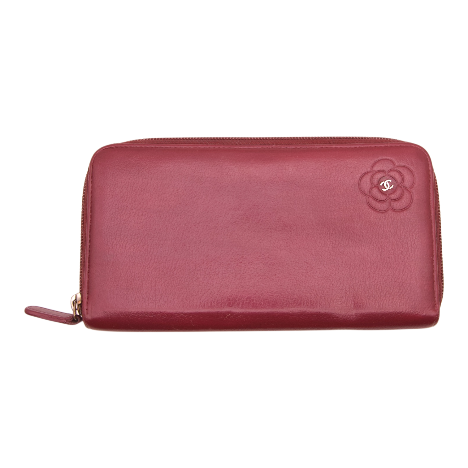 Chanel Burgundy Lambskin Camellia Zip Wallet