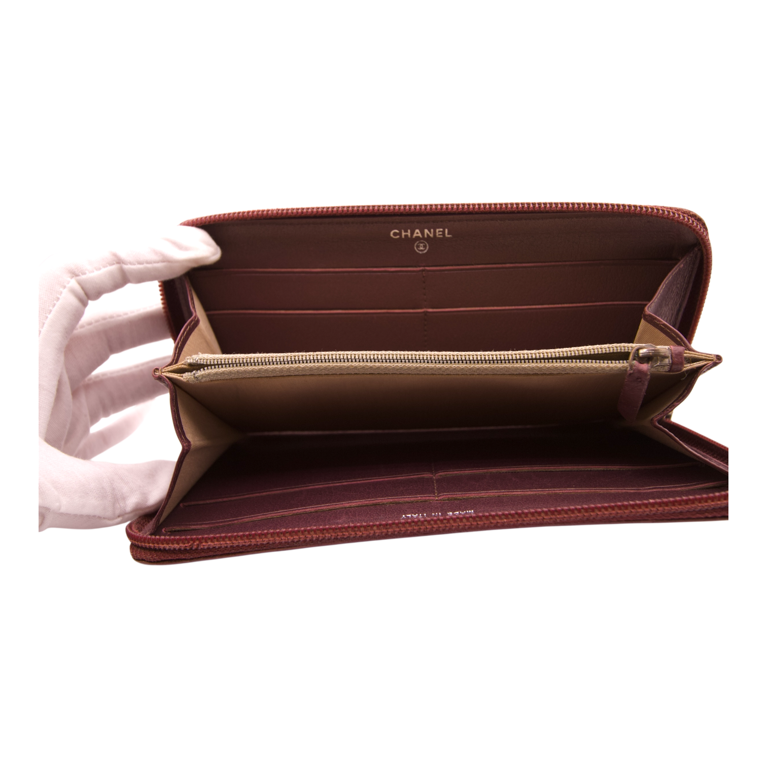 Chanel Burgundy Lambskin Camellia Zip Wallet