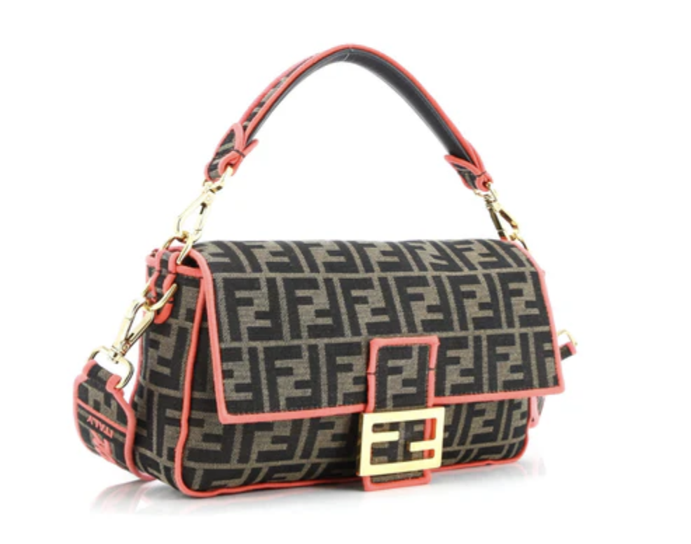 Fendi Medium Baguette Zucca Canvas With Pink Trim