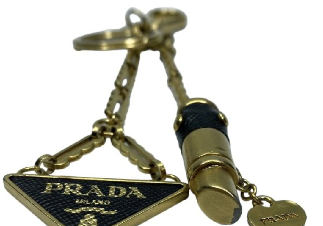 Prada Triangle & Lipstick Keychain Gold/Black Saffiano Leather