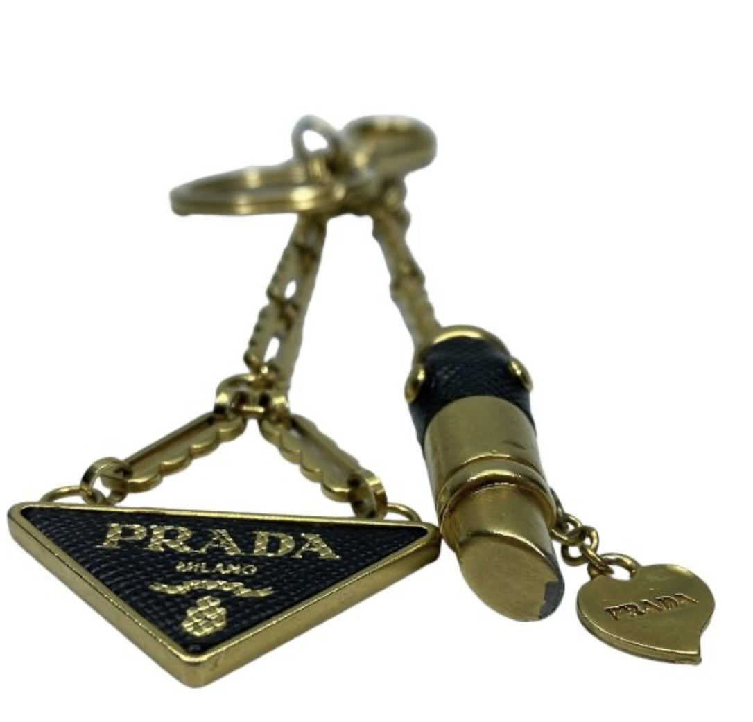 Prada Triangle & Lipstick Keychain Gold/Black Saffiano Leather