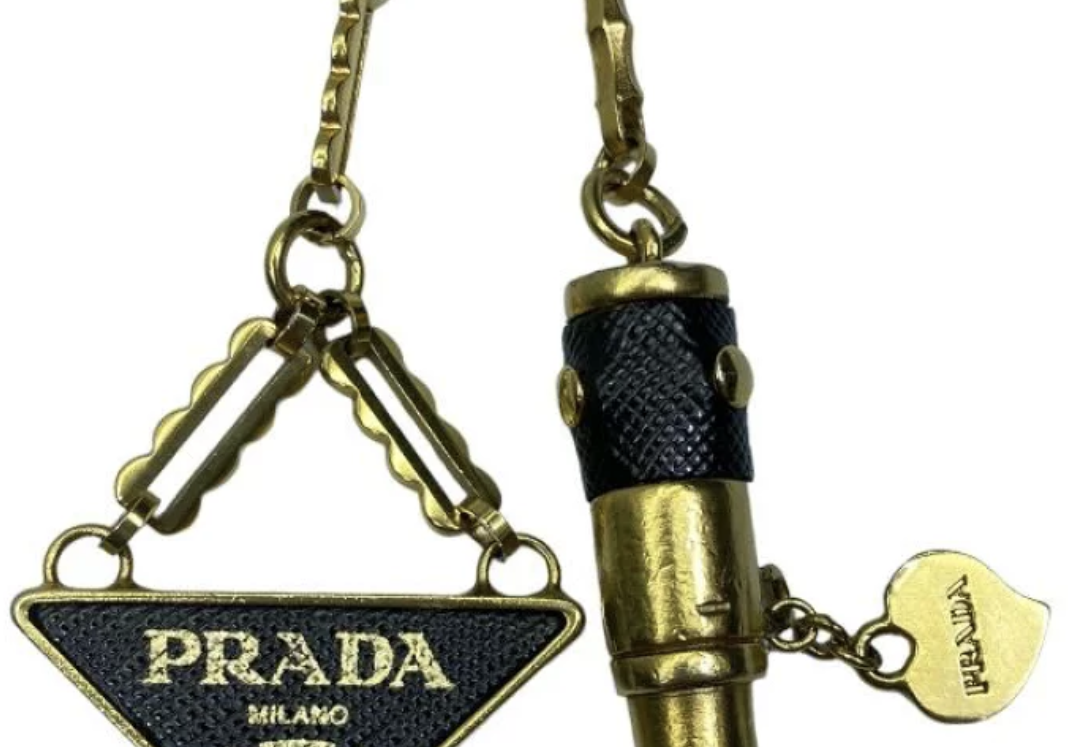 Prada Triangle & Lipstick Keychain Gold/Black Saffiano Leather