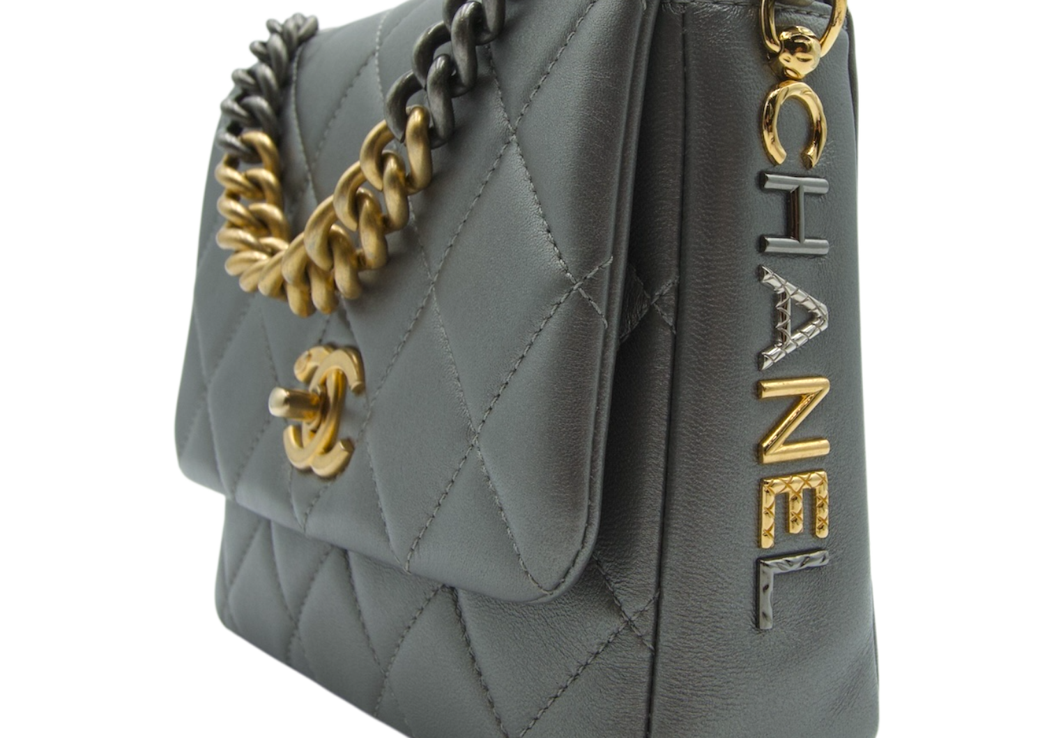 Chanel Side Note Single Flap Bag Grey Quilted Leather
