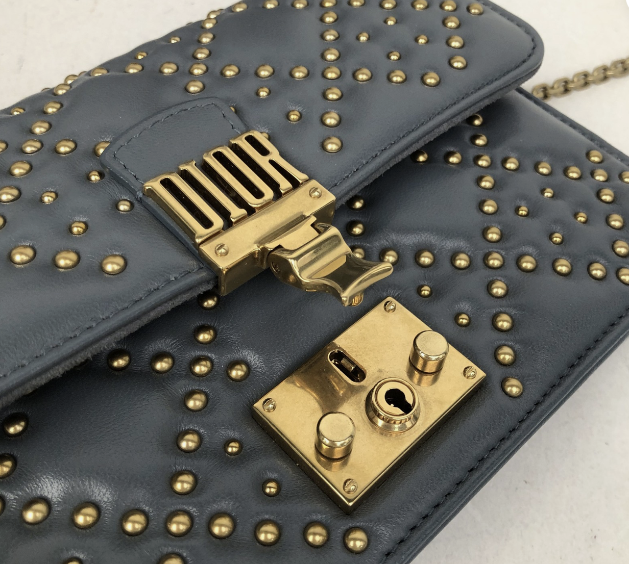 Dior Addict Studded Medium Flap Bag Blue Grey Leather