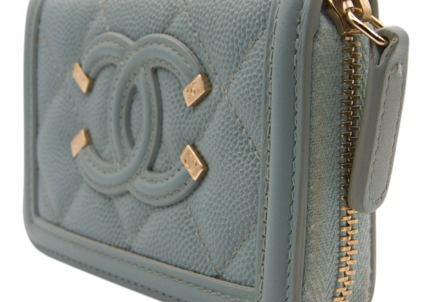 Chanel Filigree Dusty Teal Caviar Quilted Zip Wallet