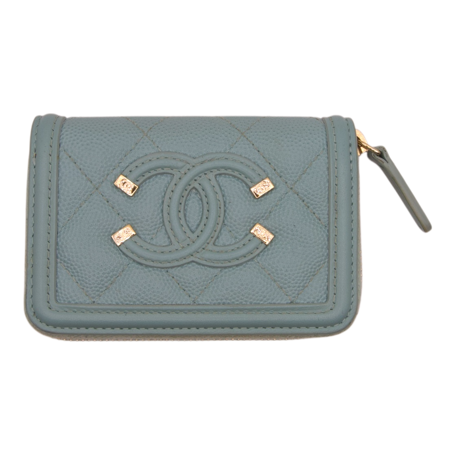 Chanel Filigree Dusty Teal Caviar Quilted Zip Wallet