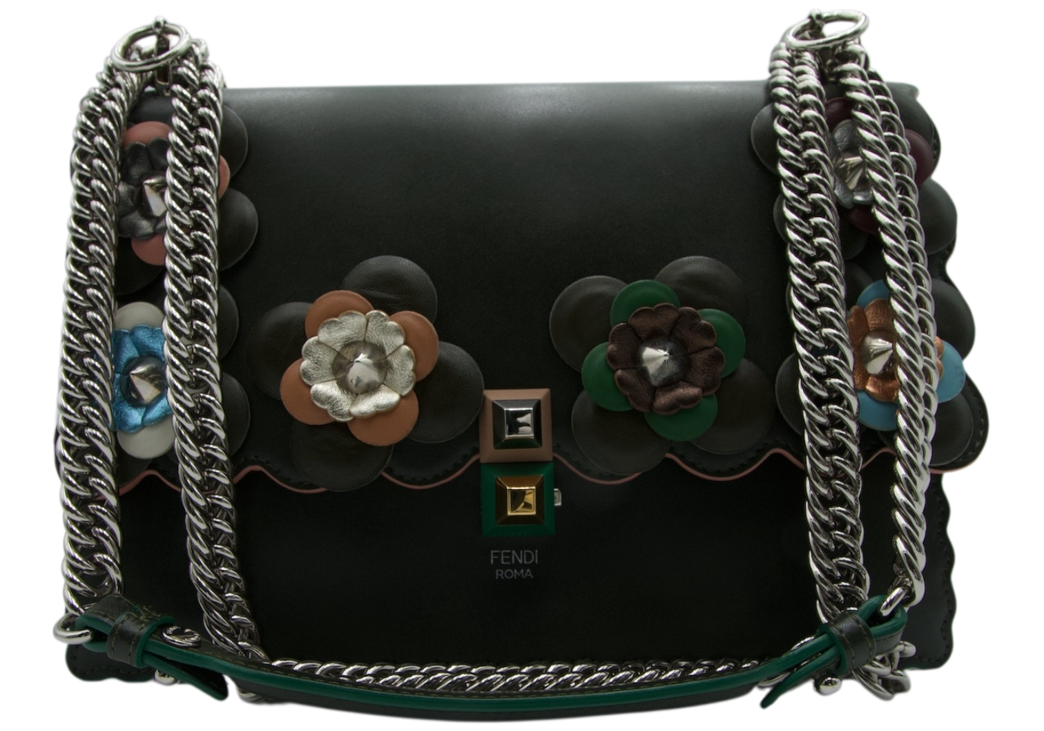 Fendi  Flowerland Kan Green Leather Shoulder Bag