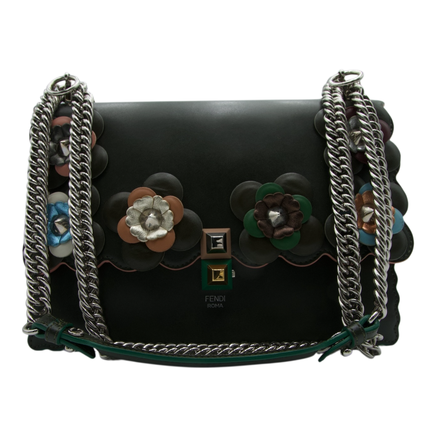 Fendi  Flowerland Kan Green Leather Shoulder Bag