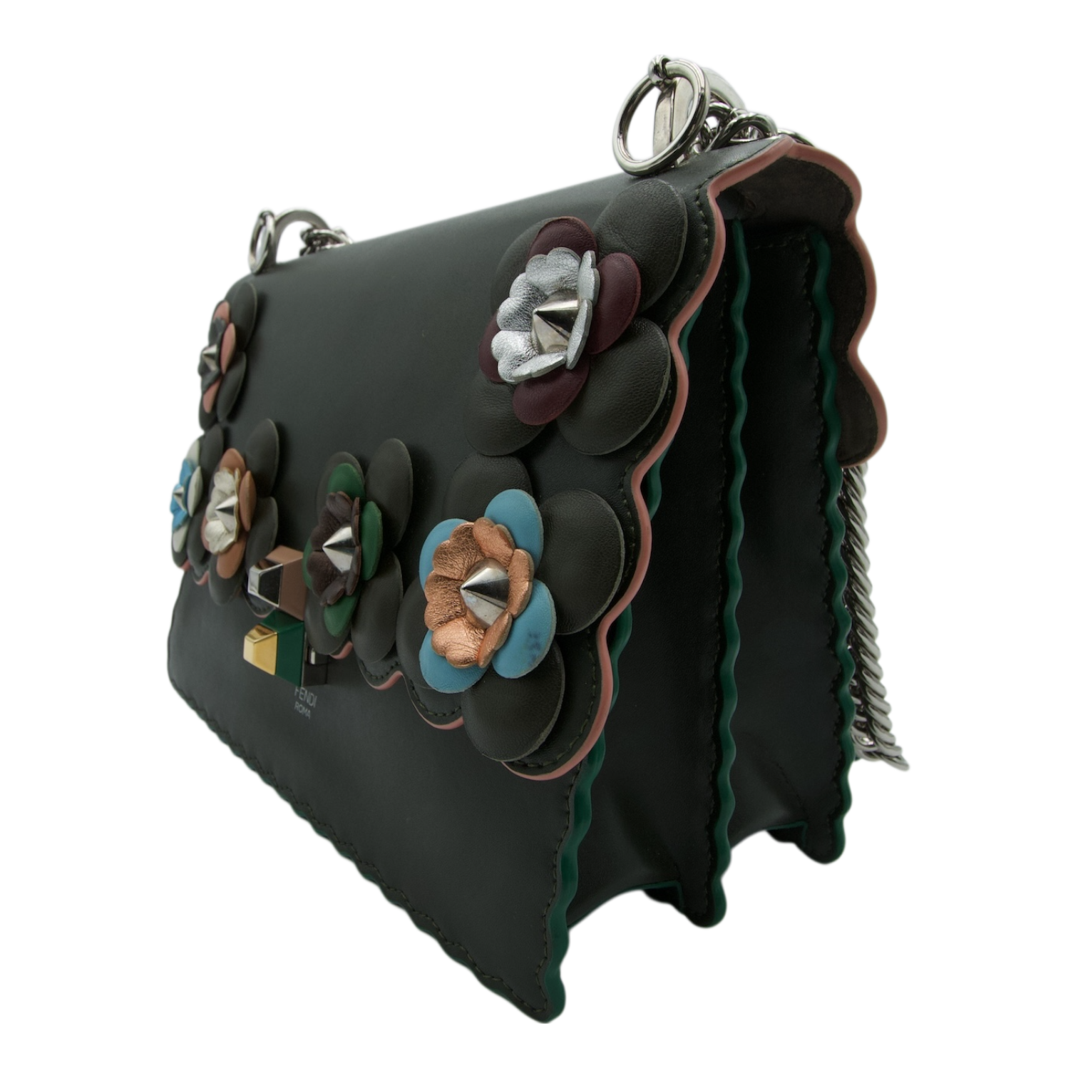 Fendi  Flowerland Kan Green Leather Shoulder Bag