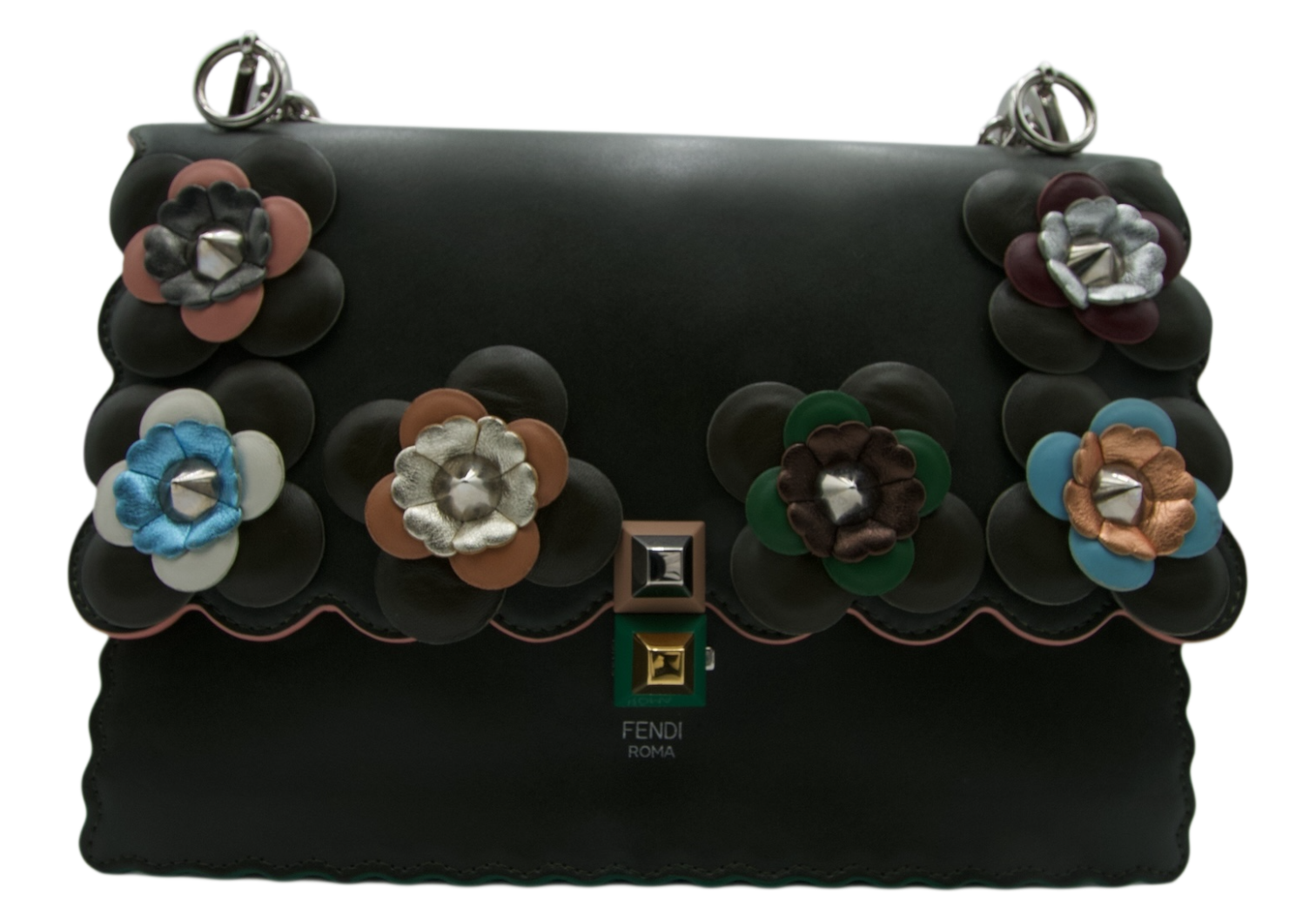 Fendi  Flowerland Kan Green Leather Shoulder Bag