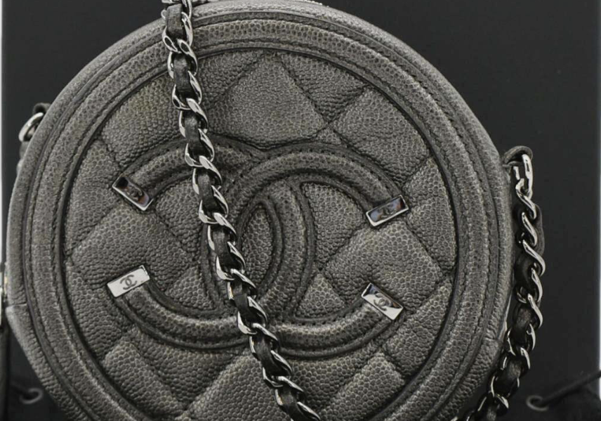 Chanel Round Filigree Caviar Metallic Crossbody Grey