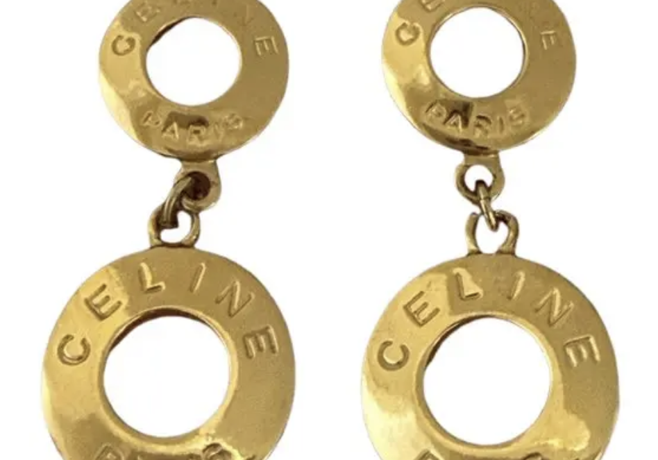 Celine Vintage Two Circle Clip-On Drop Dangle Earring Gold