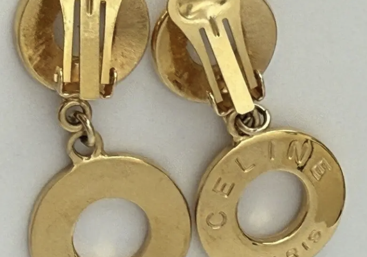 Celine Vintage Two Circle Clip-On Drop Dangle Earring Gold