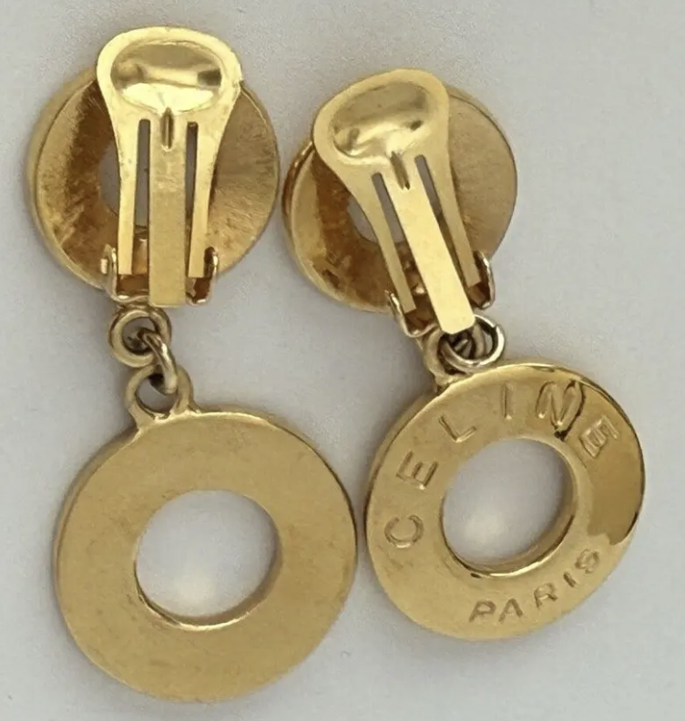 Celine Vintage Two Circle Clip-On Drop Dangle Earring Gold