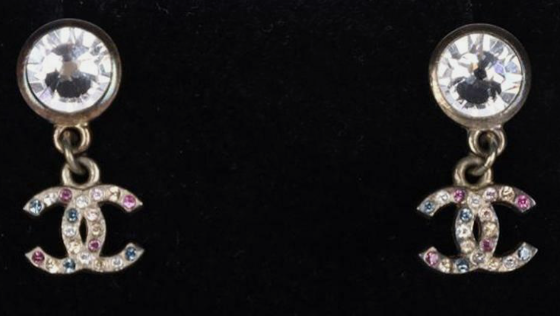 Chanel Antique CC Logo Multi Color Drop Crystal Earrings