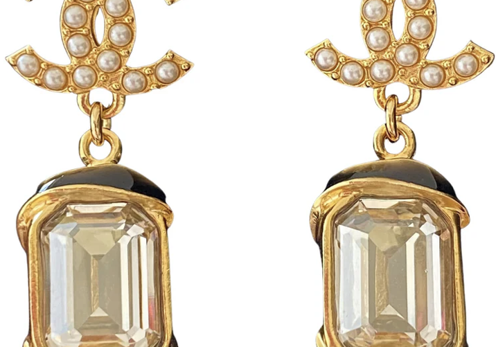 Chanel Pearl CC Emerald Crystal Dangle Earrings