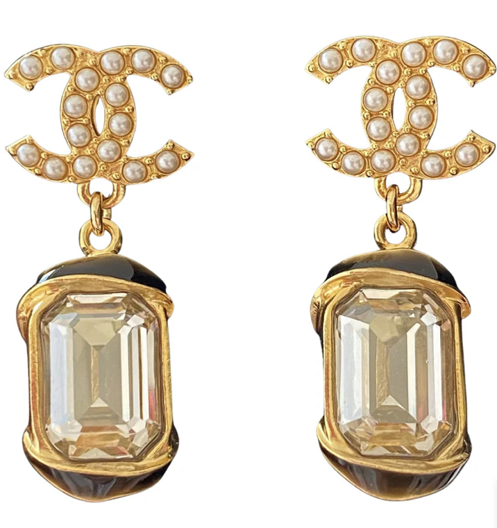 Chanel Pearl CC Emerald Crystal Dangle Earrings