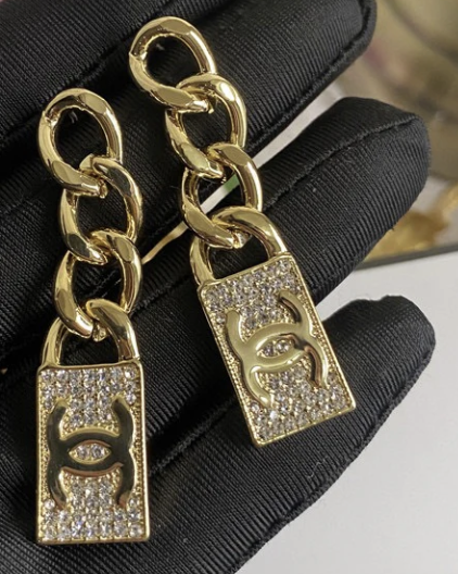 Chanel CC Dog Tag Charm Pierced Earrings