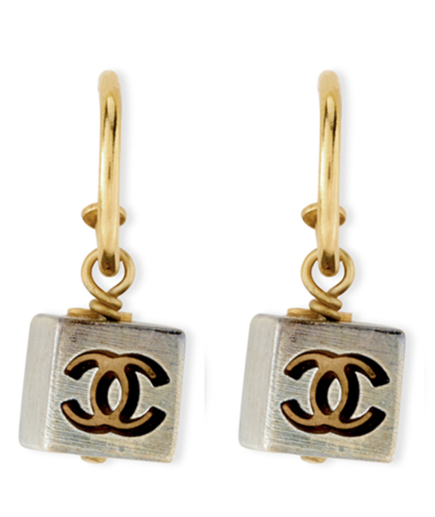 Chanel Vintage Cube CC Logo Huggie Gold Earrings