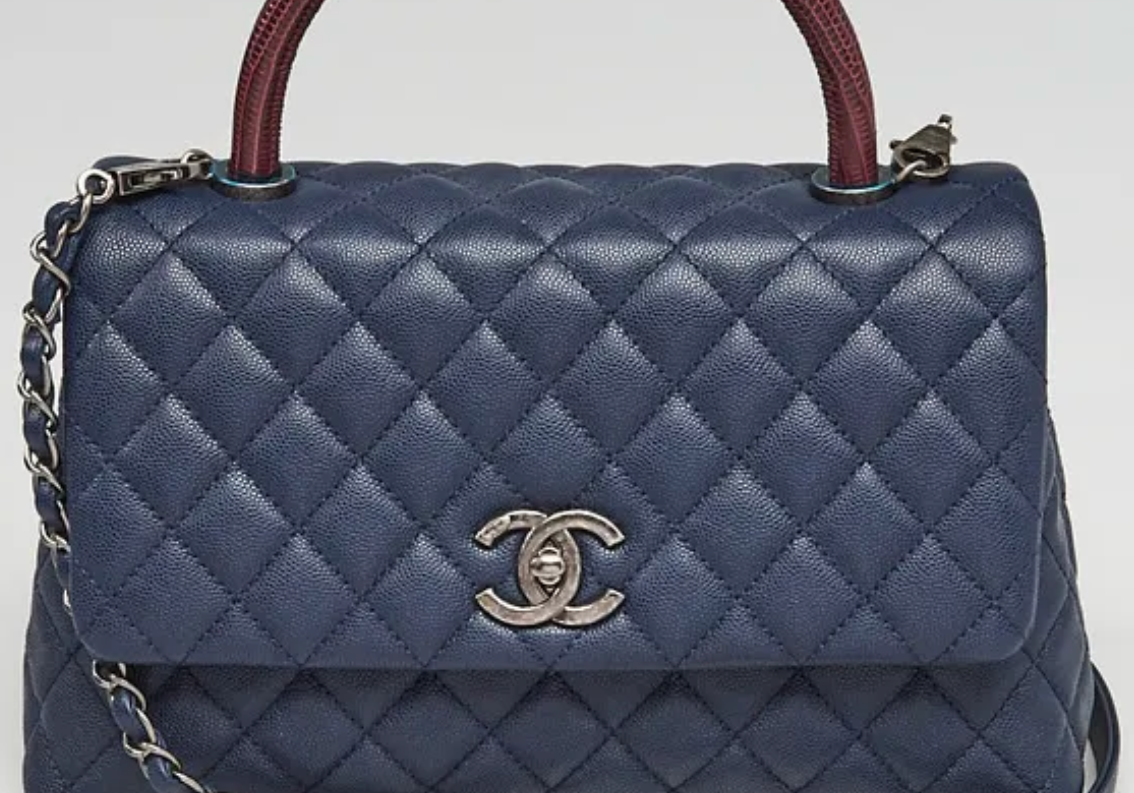 Chanel Quilted Caviar Navy Leather Burgundy Lizard Handle Small