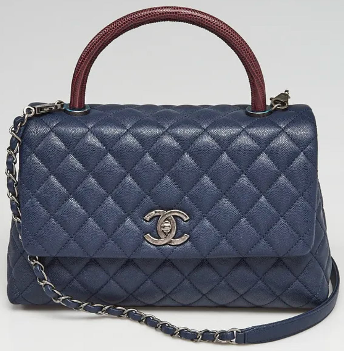 Chanel Quilted Caviar Navy Leather Burgundy Lizard Handle Small