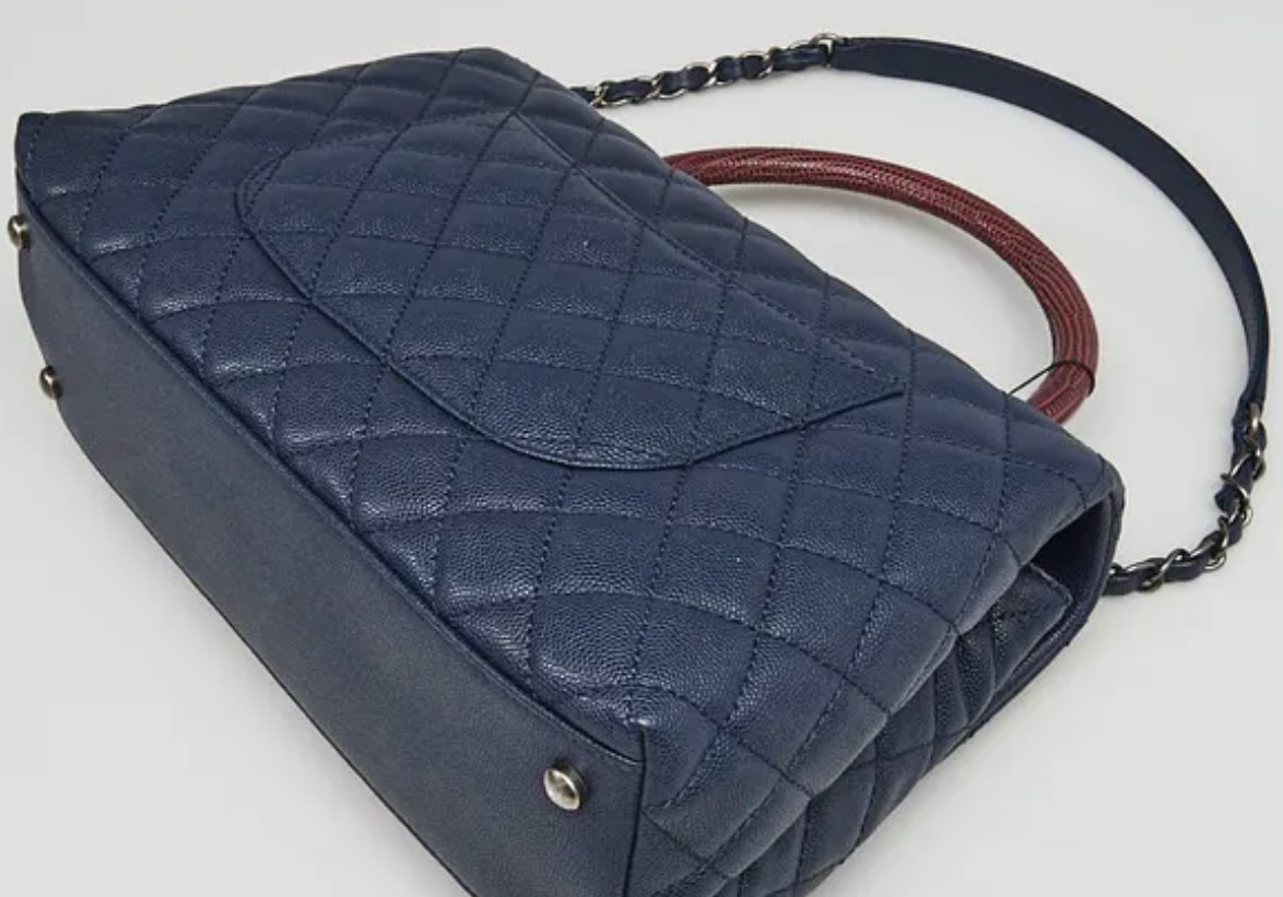 Chanel Quilted Caviar Navy Leather Burgundy Lizard Handle Small