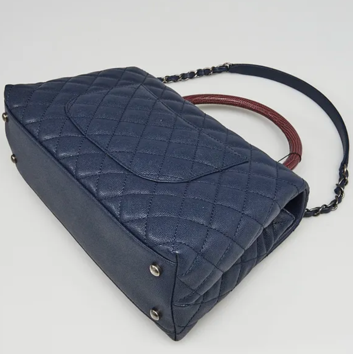 Chanel Quilted Caviar Navy Leather Burgundy Lizard Handle Small