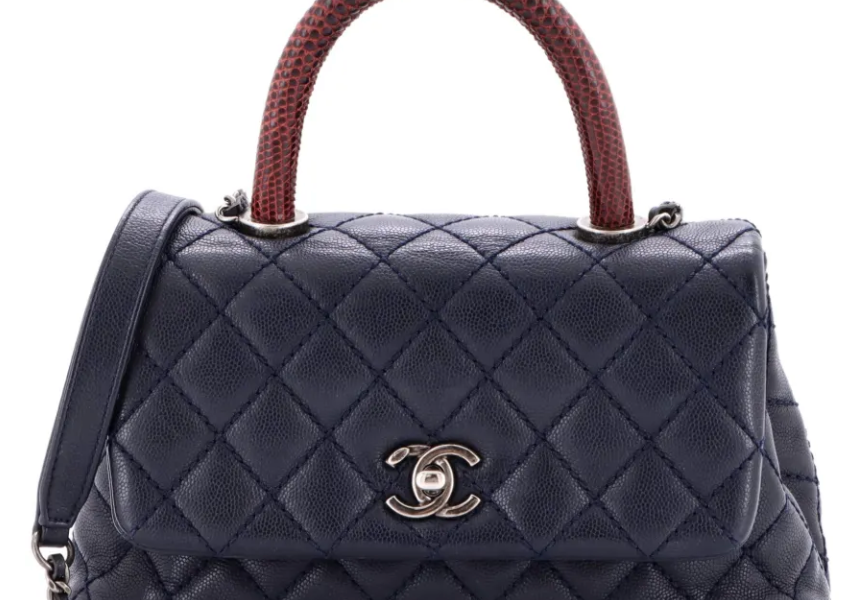 Chanel Coco Quilted Caviar Navy Blue Mini Lizard Top Handle
