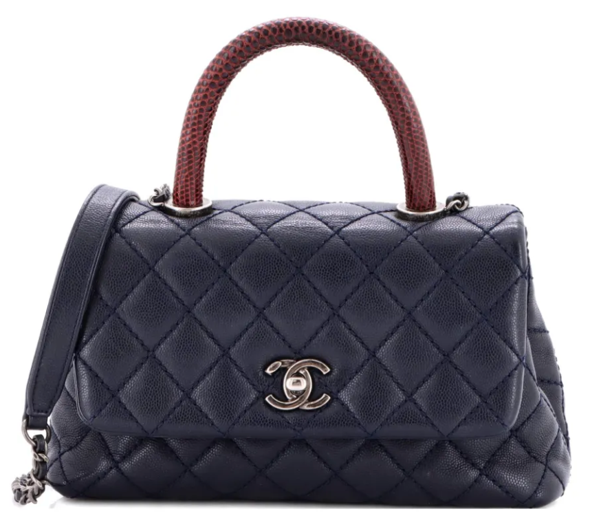 Chanel Coco Quilted Caviar Navy Blue Mini Lizard Top Handle