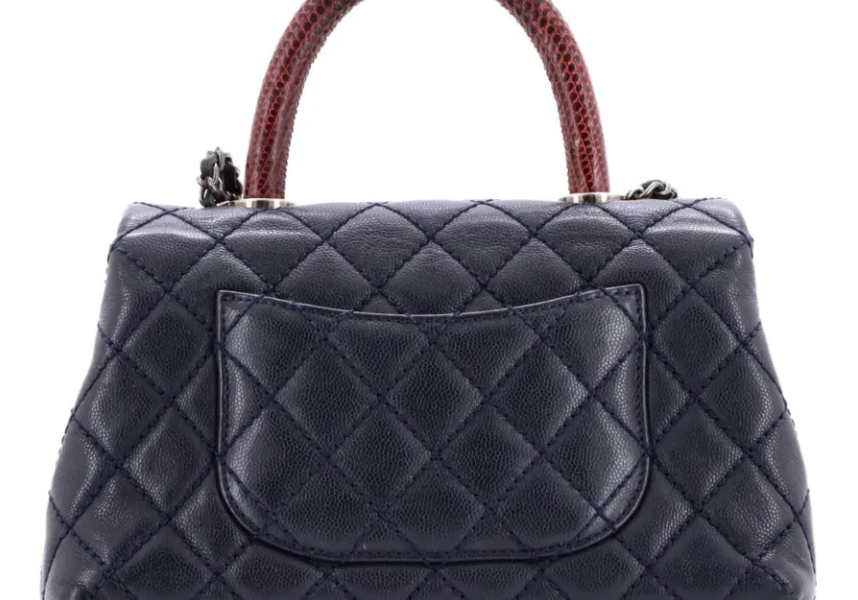 Chanel Coco Quilted Caviar Navy Blue Mini Lizard Top Handle