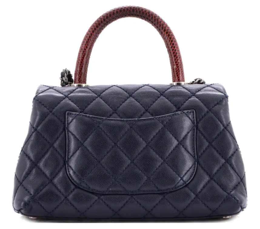 Chanel Coco Quilted Caviar Navy Blue Mini Lizard Top Handle