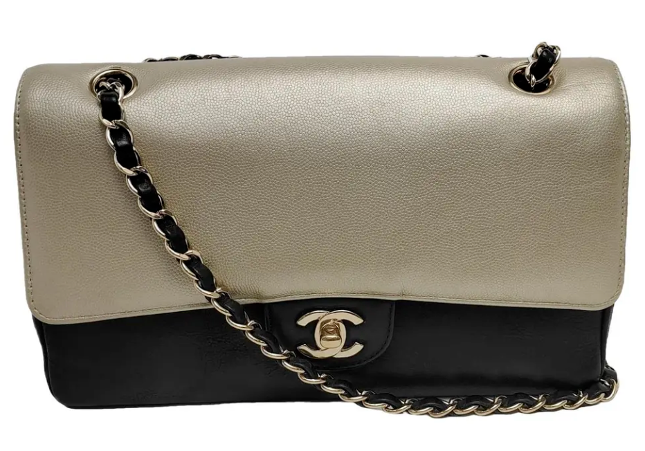 Chanel Two Tone Medium Classic Metallic Grained Gold Black