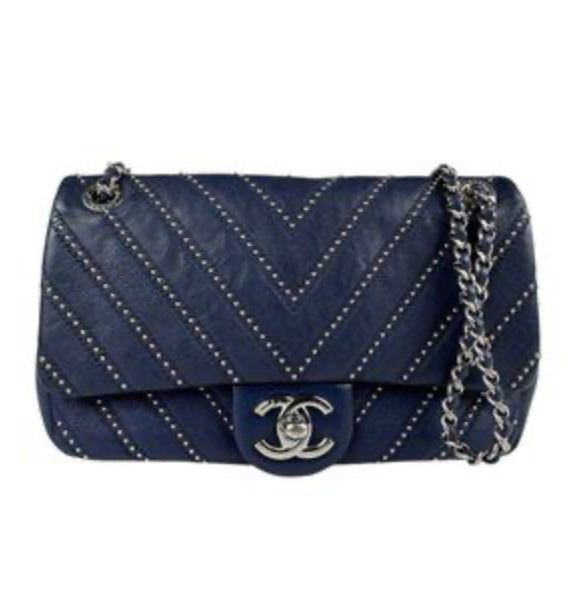 Chanel V-Stitch Studs Silver Navy