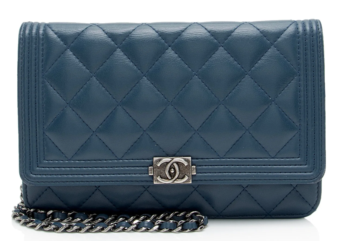 Chanel Quilted Caviar Boy Wallet on Chain Blue
