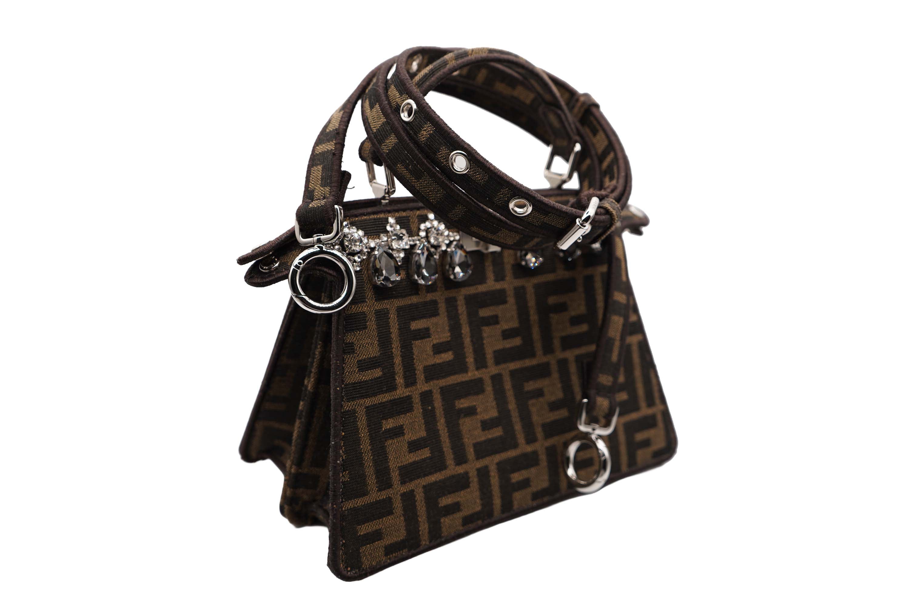 Fendi Peekaboo Mini Brown Zucca Canvas Crystal Embellished Top Handle