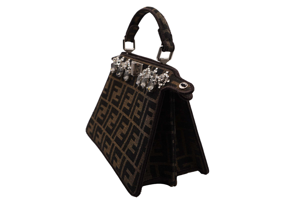 Fendi Peekaboo Mini Brown Zucca Canvas Crystal Embellished Top Handle