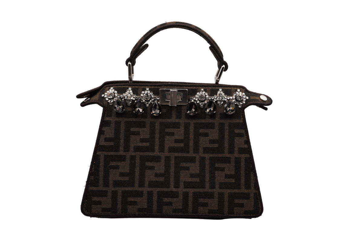 Fendi Peekaboo Mini Brown Zucca Canvas Crystal Embellished Top Handle